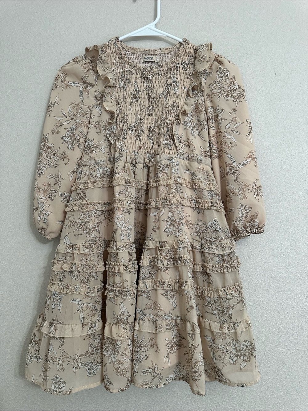 Girls Beige Floral Ruffle Dress